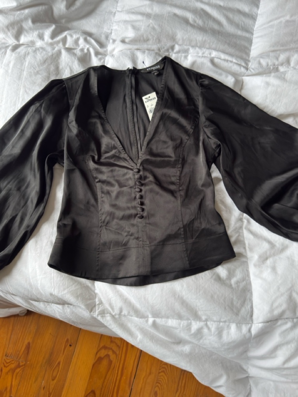 Express Black Satin Puff Sleeve Blouse